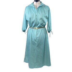 RS 70s Vintage Sea Green and White Polka Dot Polyester Knit Shirt Dress with Col